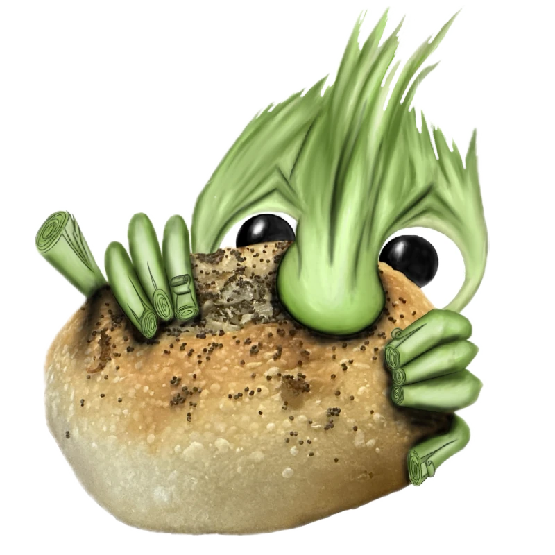 Small Bites' illustrated mascot, a leek peeking over a fresh bialy