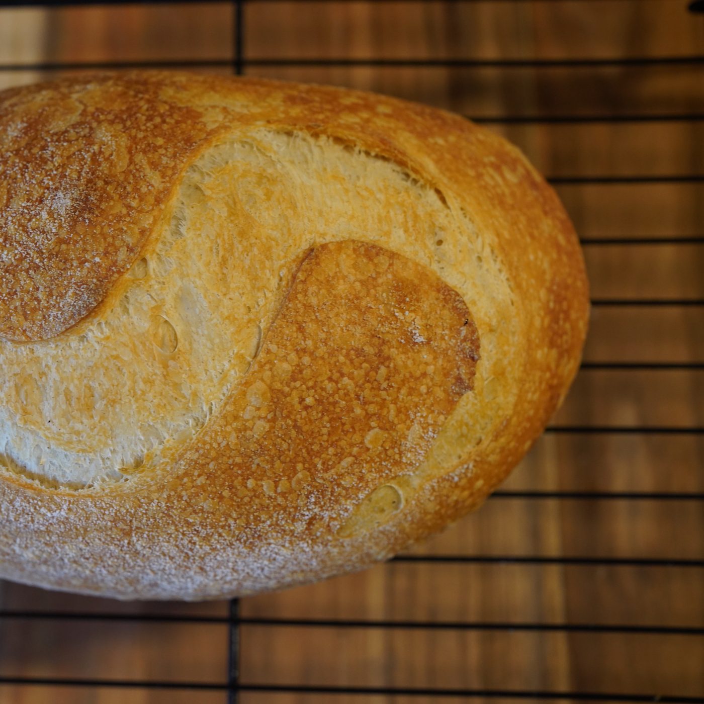 A Big Sammy loaf seen from above on a black wire cooling rack, its flour-dusted golden crust opened along a curving score.