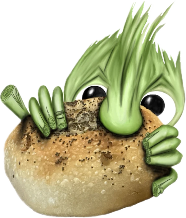 Chip, a green leek with big dark eyes, peeking over a bialy.