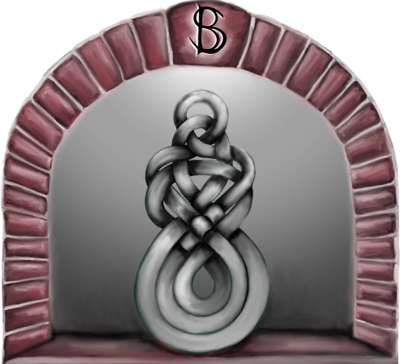 A braided knot drawn in soft grey shading, standing inside a brick oven arch.