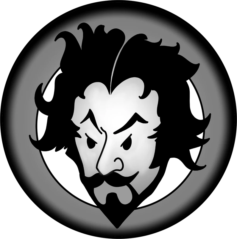 Serious Balt, a stern man with wild black hair, arched brows, a moustache and a pointed beard, drawn in black and grey inside a round medallion.