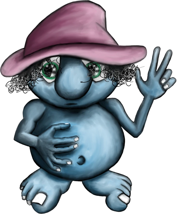 Sir Robin, a round blue troll in a floppy pink hat, waving with one hand, the other on his bare belly.